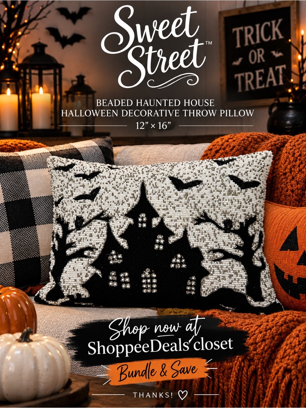 Sweet Street Beaded Haunted House Halloween Decorative Throw Pillow 12” x 16”